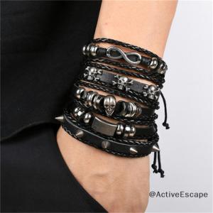 ActiveEscape Vinatge Gothic Punk Skull Star Metal Multilayer Leather Men Bracelets & Bangles