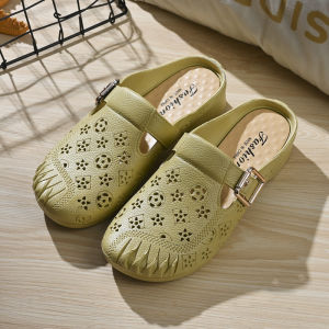 Free Shipping New Flat-Heeled Non-Slip Closed-Toe Slippers For Mothers Faux Leather Mid-Heel Perforated Slippers For Women To Wear Outside