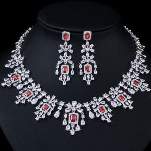 SEQUITO Luxury Women Noble Jewelry Set White Gold Plated Full Paved AAA Zirconia Setting Red Stone Chandelier Necklace Pendant Earrings for Bridal Wedding SJ318
