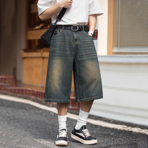 Denim Pants for Men Over Knee Long Demin Jorts Straight Short Jeans for Men and Women Cropped Denim Shorts Baggy Jeans