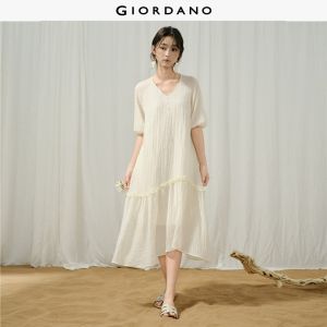 Giordano Women V-neck ruffle trim sequined embroidery midi dress Free Shipping 18466527