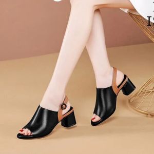 Soft Leather Fish Mouth Sandals for Women Summer European American Button Sandals Mid Heeled Thick Soled High Heels