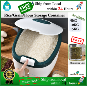 【Ready Stock】Oasis Home 10KG Rice Storage Container Rice Box 10L Kitchen Rice Bucket/Dispenser/Barrel With Cup Insect-Proof/Moisture-Proof Silicon Ring Sealed Bekas Beras Storage Tempat Simpan Beras 米桶 Lotzbuy