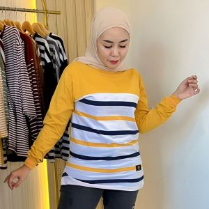 LegyStore Kaos Wanita Kombinasi Garis Salur Lengan Panjang Katun Combed 20s PREMIUM