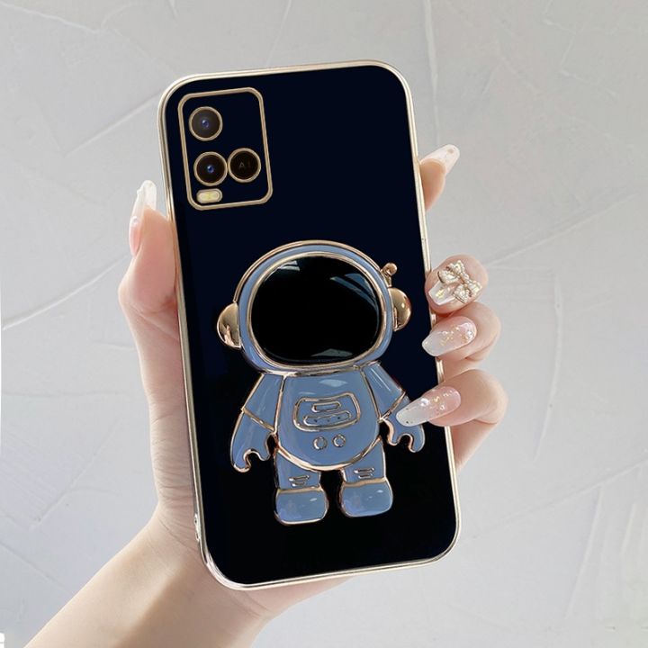 Hongtinga case suitable for IQOO Z9 Z9x T1X T1 Pro 5g 2022 vivo Y21a Y21s Y21 Y21t 2021 Y33s Y33t, with astronaut folding stand, stylish luxury chrome plated soft plastic TPU phone square camera case, anti rubber protection