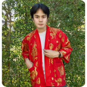 เสื้อคลุมยูกะตะผ้าฝ้ายพิมพ์ทองสีแดงลายมังกรทอง