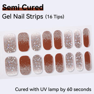 Semi-Cured Gel Nail Strips 16 Tips - UV Gel Nail Polish Wraps Floral Heart French Nail Art Decals Self Adhesive Manicure Stickers (UV Lamp Needed)