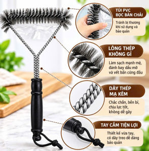 Cọ Vệ Sinh Vỉ Nướng BBQ Chữ Y Đầu Lông Thép Dây Xoắn Tay Cầm Đen Có Dây Treo Cho Gian Bếp