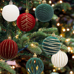 6Pcs Red Flocking Christmas Ball Ornaments Glitter Velvet Plastic Balls Pendant DIY Xmas Tree Hanaging Craft Home New Year Decor