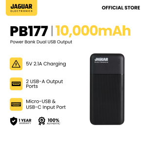 Jaguar Electronics PB177 10000mAh Power Bank Dual USB Output - Black Slim Portable Charger