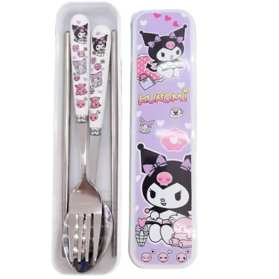 FF Peralatan Makan Kartun Baja Tahan Karat Set Peralatan Makan Sanrio Garpu Sendok Sumpit Portabel Siswa COD