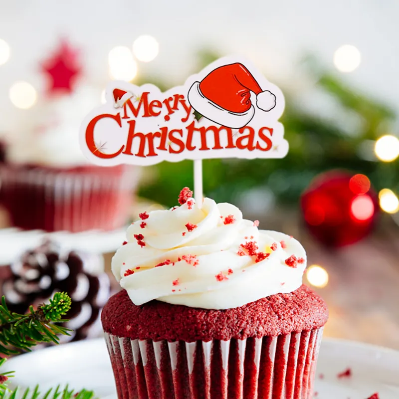 Christmas Cake Toppers Set - 4 Decorations For Logs, Cakes, Cupcakes (Reindeer, Snowman, Santa, Tree), Food-Safe Plastic Picks