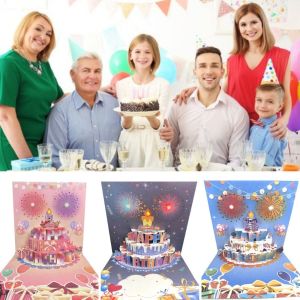 UNQCSA Musical and Light Happy Birthday Card Blowable Led Candle Fireworks Effect 3D Popup Greeting Card Birthday Gift Cartoon Patterned Birthday Cake Postcards Mom