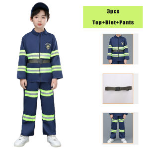 Fireman Costumes For Kids Halloween Fire Fighting Career Working Clothes Boys Girls Firefighter Tops Pants Belt Uniform Suits Children Day Stage Performance Costumes