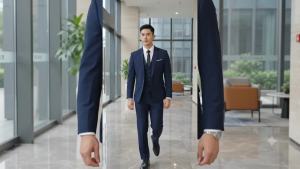 Navy Blue Men’s 4 Piece Suit Set with Blazer Vest Pants Shirt Korean Slim Fit Business Formal Wear