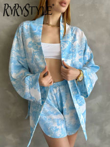 Hiloc กางเกงขาสั้นพิมพ์ลาย2ชิ้นสำหรับผู้หญิงเสื้อเบลาส์แขนยาวสำหรับฤดูร้อนเซ็ตชุดนอนขากว้าง