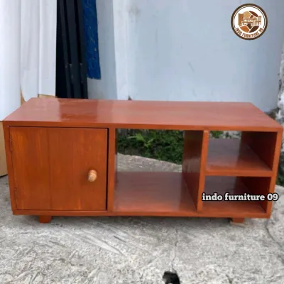Meja TV Minimalis Kayu Mahoni — Rak TV Serbaguna Ada Lemari Penyimpanan
