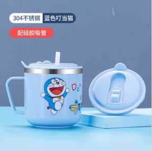 ถ้วยน้ำเด็ก สแตนเลส 304 แก้วน้ำเด็ก 270ml ถ้วยนม ถ้วยการ์ตูน พร้อมฝาปิด หลอดซิลิโคน มีมาตราส่วน สองชั้นกันความร้อน