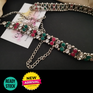 PREMIUM QUALITY INDIAN 2 LAYERS SILVER RED AND GREEN STONE HIP CHAIN