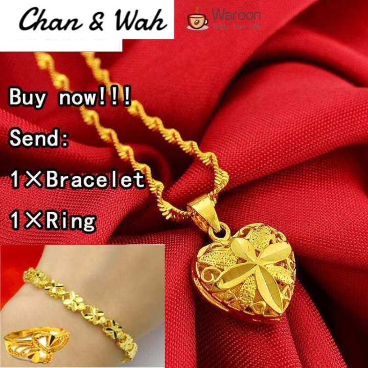 Chan Wah Malaysia Jewellery Gold Chain 916 Gold Necklace Women's Love  Pendant Clavicle Ripple Heart Pendant Free Bracelet & Ring korean style  gift set women birthday bridal wedding jewelry set mortgaged emas