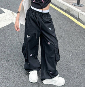 Cargo Pants for Kids Girls Childrens and Teenagers Pants Wide Leg Pants Baggy Pants Elastic waist and High Waist Black/White/Red 130-160CM