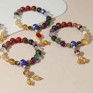 Xianghui Glazed Eighteen Beads Bracelet Yellow God of Wealth Green Tara Mantra Ruyi Vajra Pestle Cinnabar Multi-Treasure Gold Foil Bracelet