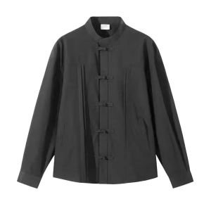 SINRANSINYA丨áo sơ mi tay dài-Áo khoác vải lanh trẻ trung Áo nam áo có tay dài nhồi lông nút cổ điển kiểu Trung Quốc Áo có cổ đứng Bộ đồ kiểu Xường Xám giản dị