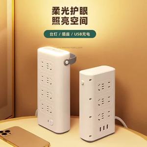 Vertical Tower Type Converter Socket Multi-Slot Power Strip with Text Stickers and Night Light USB Desktop Power Strip