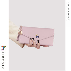 LIKEBAG fashion original simple tri-fold wallet multi-card slot PU leather ladies card holder coin purse tassel long wallet