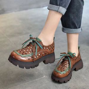 Womens Leather Hollowed Out Fashionable Thick Heel Sandals