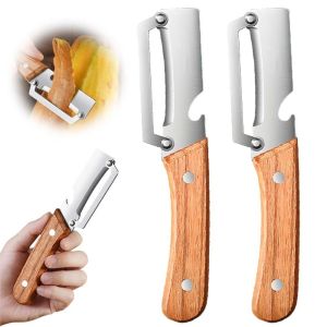 JURHOMIE Multi-Functional Vegetable Peeler with Wooden Handle and Bottle Opener Stainless Steel Kitchen Peeler Peeling Tool for Fruit Apple Potato Pumpkin Papaya