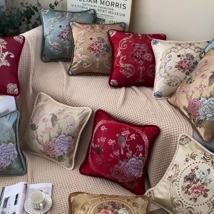 Floral Decorative Pillow Cases Embroidered Jacquard Throw Pillow Cushion Cover For Living Room Decor