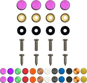 Color: White - License Plate Screws - Stainless Steel Set of 4 Fasteners - for Front or Rear License Plates Frames or Covers on Car Truck SUVs - Rustproof Self Tapping and M6 Screws Aluminum caps