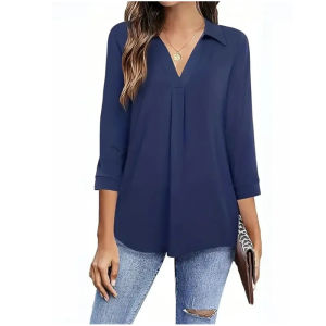 Women Fashion Spring Summer Blouses Shirts Lady Casual Three Quarter Sleeve V-Neck Solid Color Loose Blouse Tops Plus Size 5XL