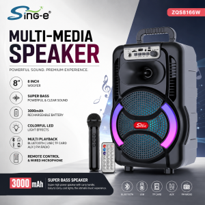 ZQS-8166 Multi-Media Speaker 8-inch Woofer Super Bass Powerful Clear Sound 3000mAh Rechargeable Battery Colorful LED Light Effects Multi Playback Aux USB TF Card Remote Control & Wired Microphone