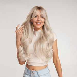 วิกผมยาวหยิกผู้หญิงใหม่วิกผมแพลตตินั่มผมยาวปานกลางผมหยิกยาวคลื่นขนาดใหญ่ผ้าใยเคมีหมวก