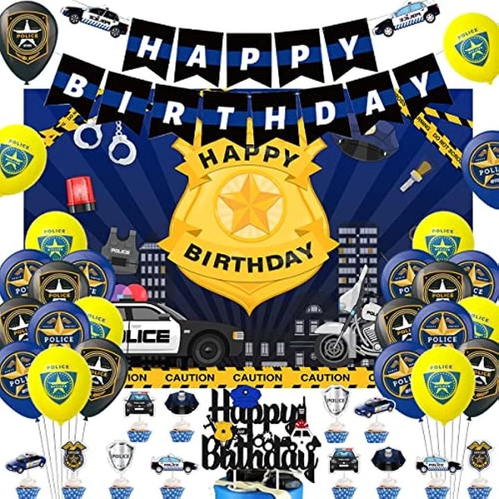 JOYMEMO Police Birthday Decoration Children's Party, Police Theme Balloon, Happy Birthday Banner, Happy Birthday Police Background Cake, Police Theme Birthday Party Top