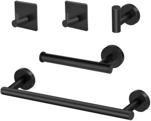 Bathroom Towel Rack Set 5-Pieces 16 Matte Black Bathroom Hardware Accessories Set SUS304 Stainless Steel Wall Mounted Includes 16 Inch Bath Towel Holder Toilet Paper Holder 3 Robe Towel Hooks Toilet Roll Holders