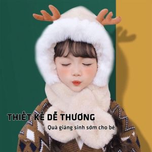 Mũ Len Kèm Khăn sừng nai Cho Bé 4-8 Tuổi Mũ lông trùm đầu liền khăn cổ giữ ấm cho bé (tuyển sỉ).