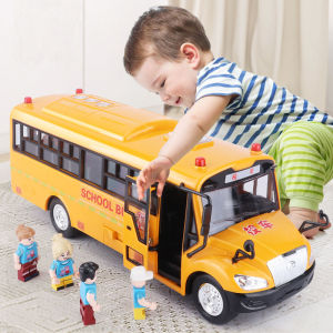 1:24 Simulation Large School Bus Vehicle Diecast Toy Gift for Boys Children Police Car Model Educational Toys Play Vehicles Inertia Car with Sound Light for Kids Toys