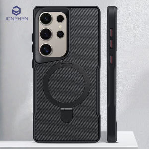 Carbon Fibre Pattern Metal Holder Ring Case For Samsung Galaxy S25 Plus 24 23 S22 Ultra Slim Armor Cover For Magsafe