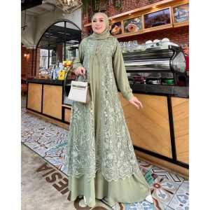 BAFFLING Dhuhayu Maxy Gamis Gaun panjang Abaya Muslim Brokat untuk wanita gaun Muslimah Lebaran RamadanBahan Ceruty Babydoll Musim Gugur dan Musim Dingin Warna Solid Mode Sederhana Longgar