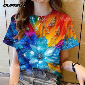 Colourful Floral T-shirt For Women Summer Casual Short Sleeve Top Daily Basic Women Clothing Tie-Dye Printed Shirt