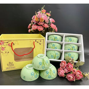 Set Bát Cơm (chén cơm) Bát Tràng Cao Cấp Hàng Loại I - Bộ Bát Ăn Cơm Men Ngọc Vẽ Tay Chuồn Chuồn Hoa Xanh