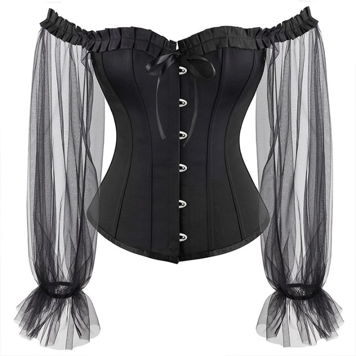 Long Sleeves Women's Sexy Gothic Corset Vintage Lace Up Bustier Off  Shoulder Corsets Overbust Top xd