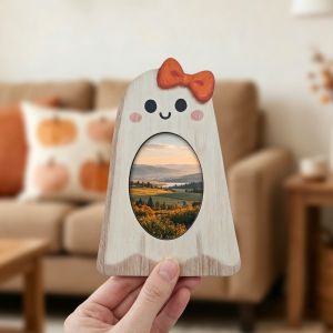FAKA Wooden Halloween Ghost Picture Frame Rustic Cute Pumpkin Shaped Photo Frame Creative Handmade Tabletop Frame Home Decor