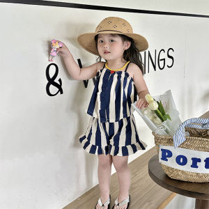 Bear Leader Girls Suit 2023 Summer New Girls Sleeveless Ruffled Striped Undershirt Plus Striped Lace Shorts Two-piece Set 2-7 Years Old Girls Clothing