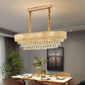 【Warranty】New 3 Light Colors Luxury Rectangular Crystal Chandelier Modern Led Tassels Linear Raindrop Ceiling Pendant Light Fixture for Dining Room Living Room Kitchen Island