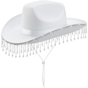 ONERVGY Glitter Western Cowboy Hat Wide Brim Shiny Cowgirl Hat Classic Punk Rhinestone Tassels Jazz Hat Ladies