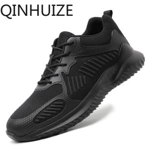 QINHUIZE Safety shoes mens four seasons wear-resistant steel toe cap rubber and plastic bottom lightweight flying woven work shoes work safety boots